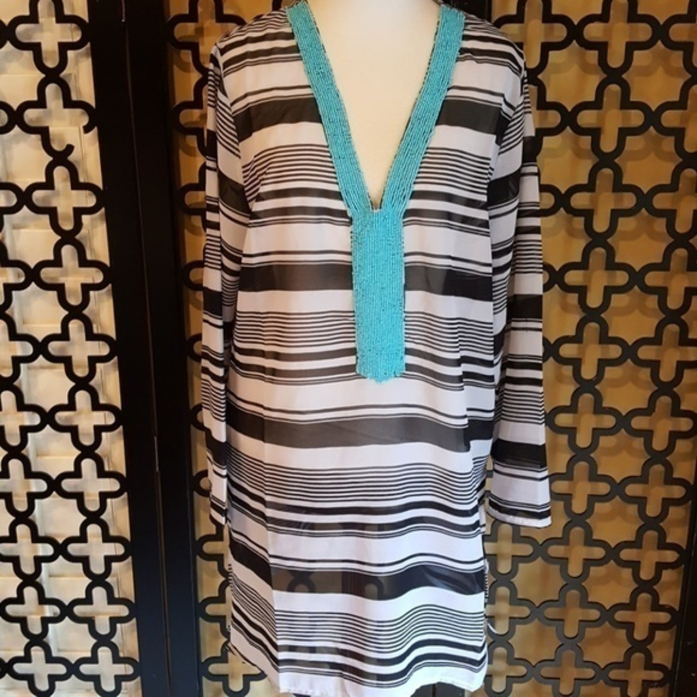 GORGEOUS BEADED TRIM BLACK‎ WHITE STRIPE COVERUP